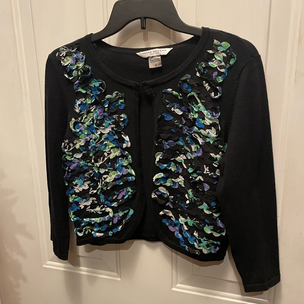 Peter Nygard Black Cardigan with layered multicolor accent on front, size: Small